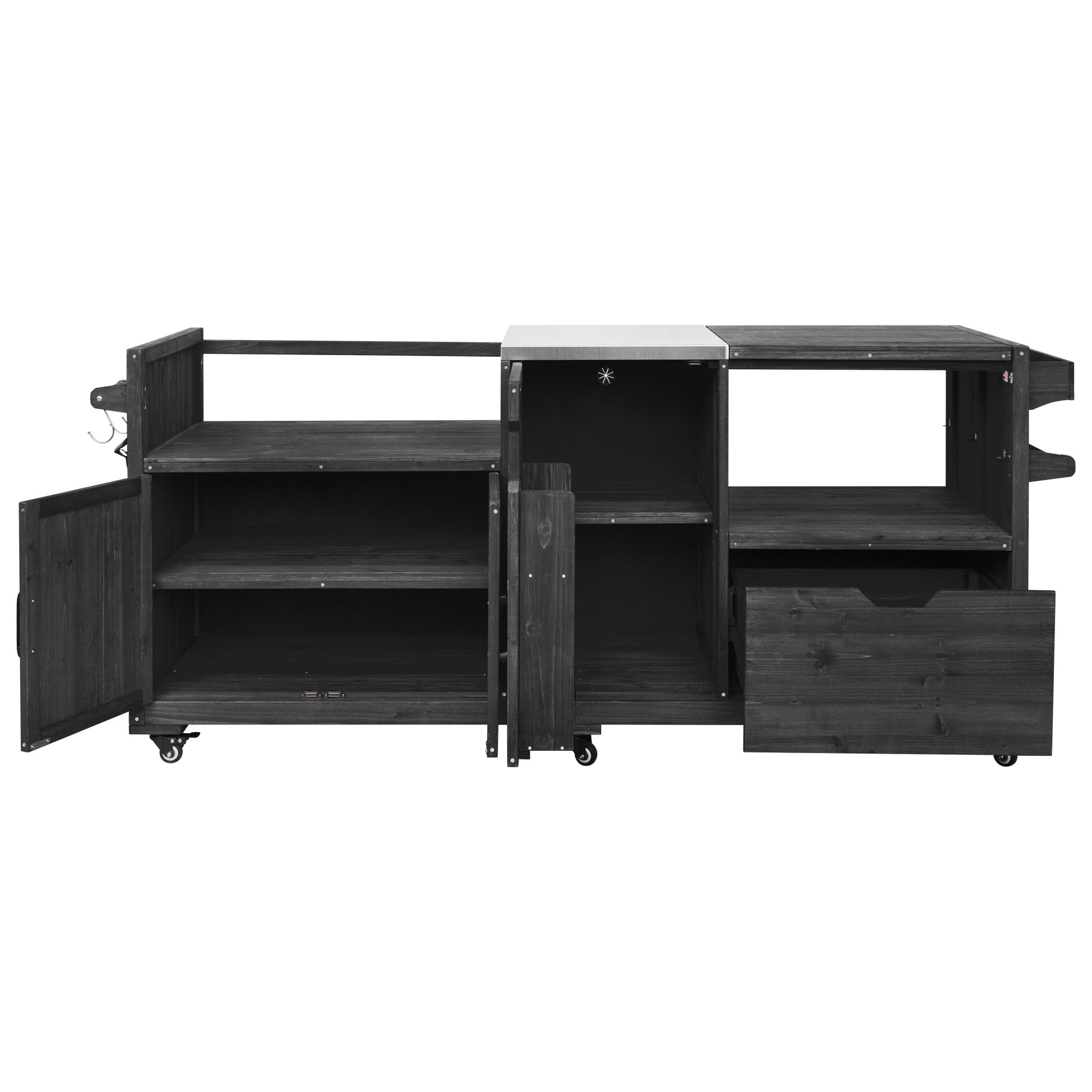 K&K 80.5" Outdoor Kitchen Island for Big Green Egg& Blackstone Griddle, Solid Wood Grill Cart Table with Stainless Steel Top, Drawer for Large Big Green Egg and 21"/28" Blackstone Griddle, Black image 11
