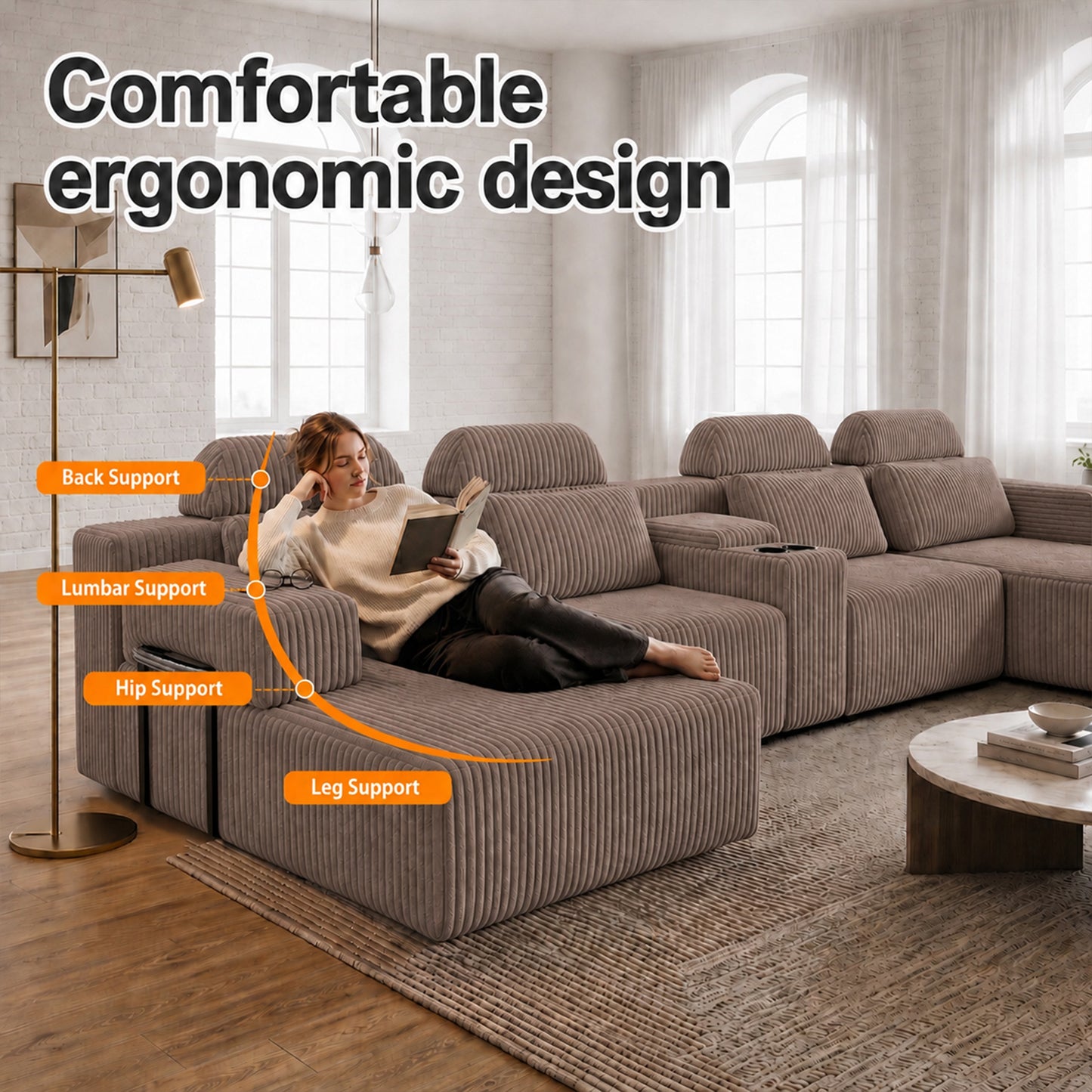 Modern coffee corduroy 6-seater U-shaped sofa with lounge chair and cup holder -145.7 inch oversized modular compression sofa, suitable for home theaters, luxury living spaces, tool free assembly image 3