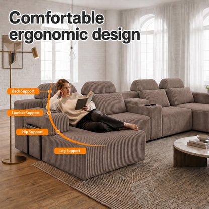 Modern coffee corduroy 6-seater U-shaped sofa with lounge chair and cup holder -145.7 inch oversized modular compression sofa, suitable for home theaters, luxury living spaces, tool free assembly image 3