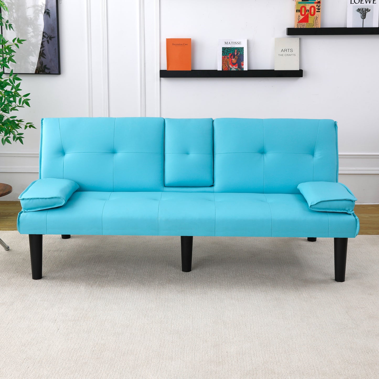 The 67-inch blue PVC multi-functional sofa bed, with a foldable and cup holder design, makes it extremely convenient to turn the living room into a guest room image 6