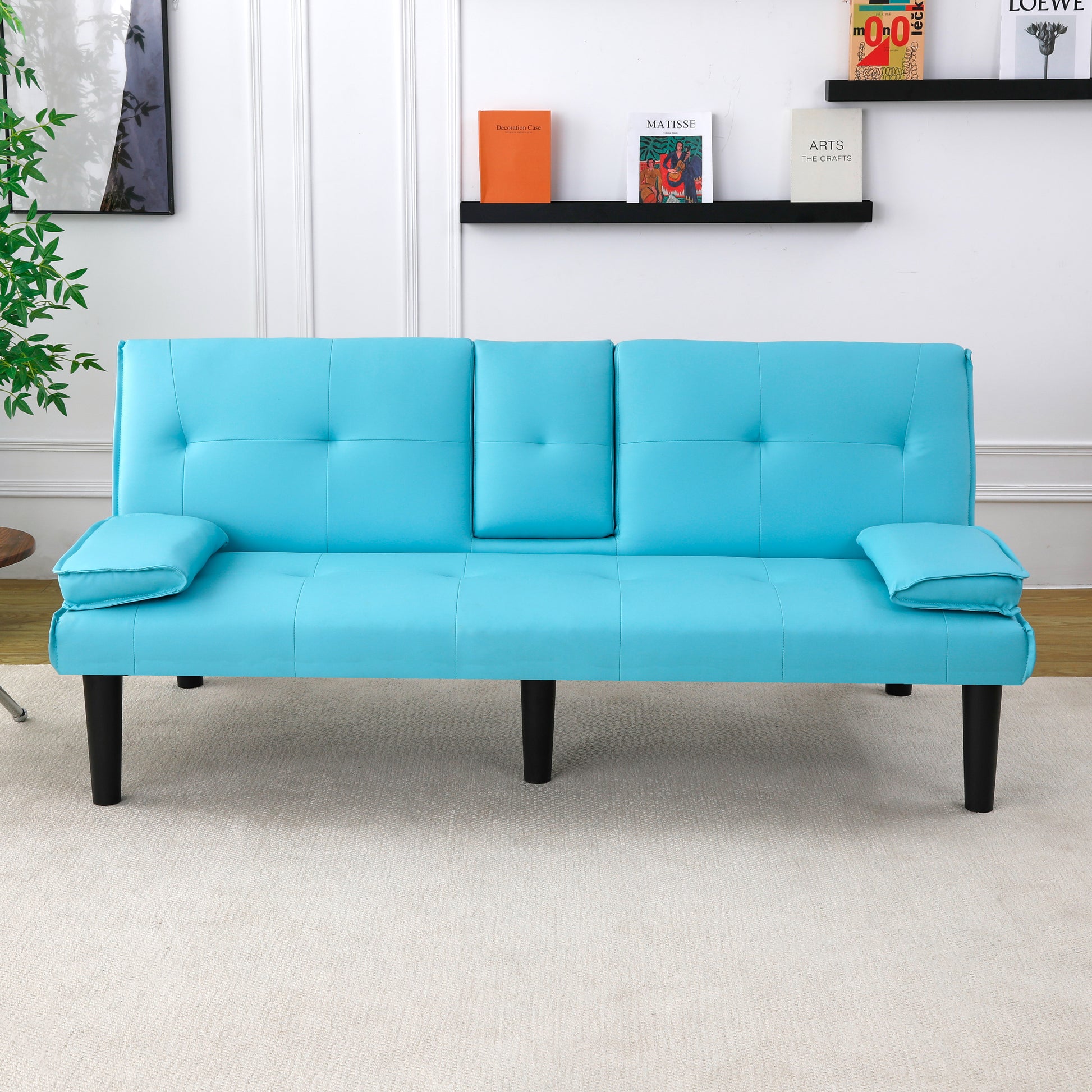 The 67-inch blue PVC multi-functional sofa bed, with a foldable and cup holder design, makes it extremely convenient to turn the living room into a guest room image 6
