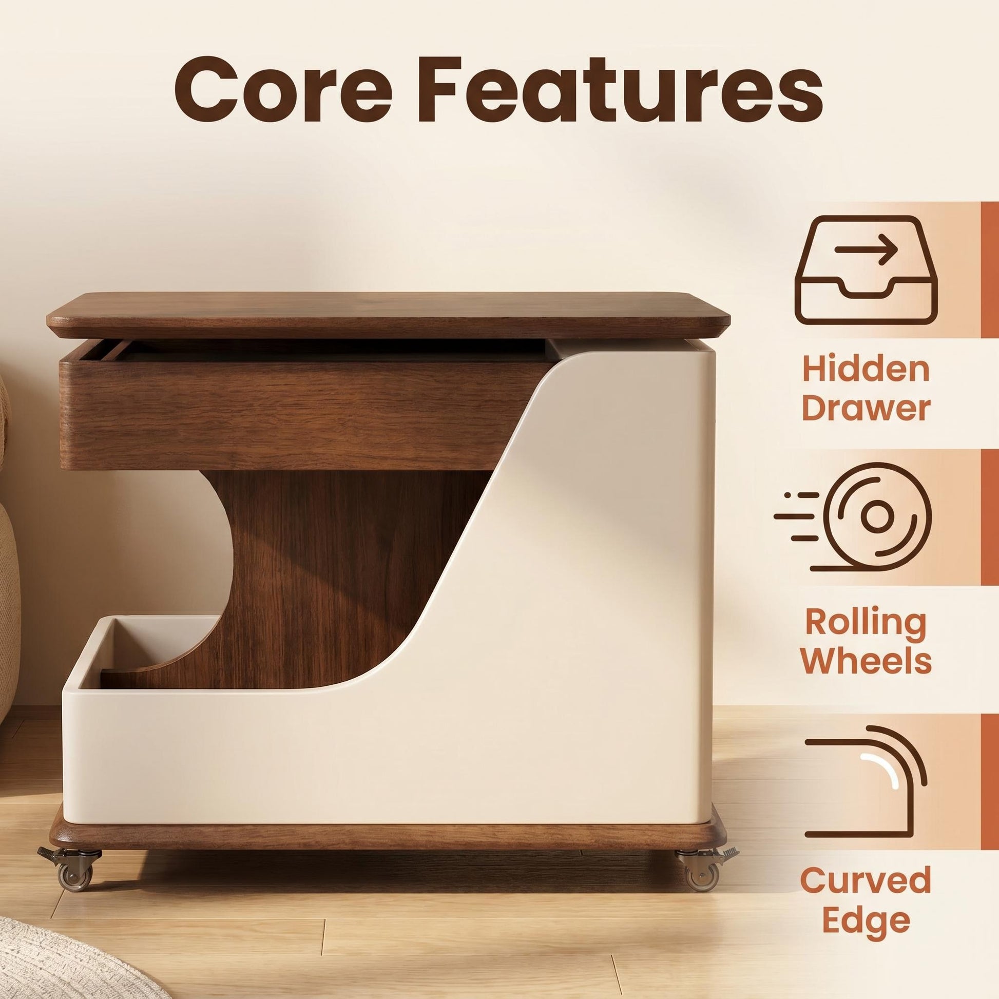 A small side table or coffee table with an adjustable height, suitable for the living room, balcony or bedroom. It is portable and features storage compartments, available in off-white and walnut. image 10