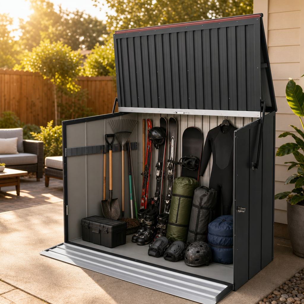Outdoor Galvanized Steel Storage Shed with Flip Top & Foldable Front Door, Large Capacity Metal Tool Cabinet for Indoor & Backyard Storage 594.39 US Gal 2.25m³ image 10