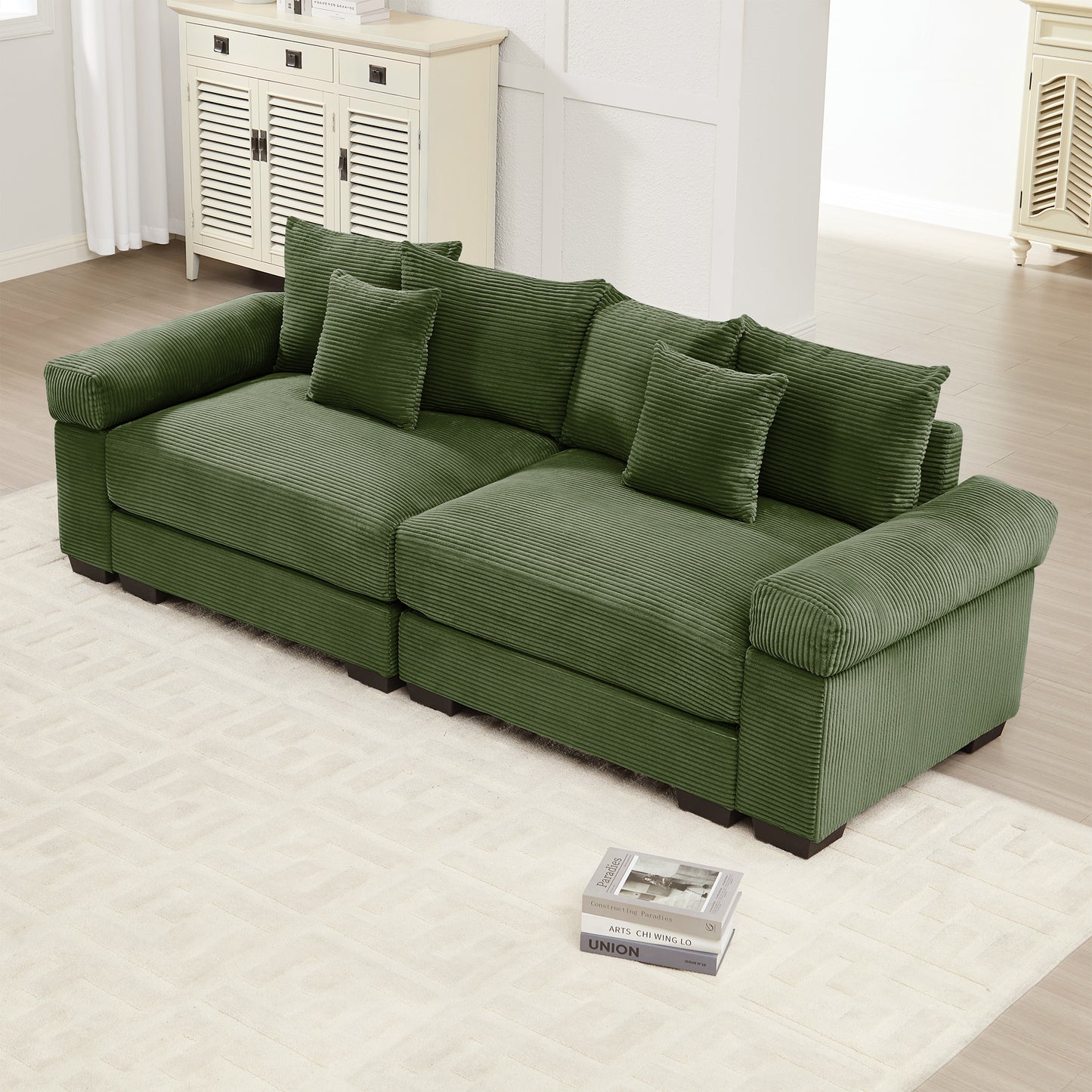 92" Oversized Cloud Modular Sectional Couch,Corduroy Fabric Extra-Wide Armrests Throw Pillows Ergonomic Design High Resilience Cushion Easy Assembly,For Living Rooms Bedrooms,Green image 1