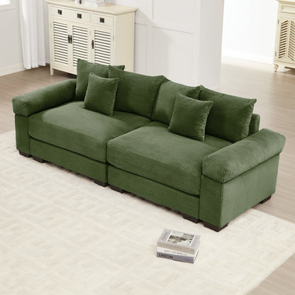 92" Oversized Cloud Modular Sectional Couch,Corduroy Fabric Extra-Wide Armrests Throw Pillows Ergonomic Design High Resilience Cushion Easy Assembly,For Living Rooms Bedrooms,Green image 1