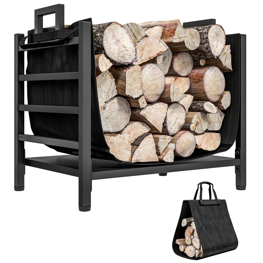 Outsunny Firewood Rack with Removable Log Carrier, Heavy Duty Log Rack with Handles, Indoor Outdoor Wood Storage Holder for Fireplace, 19.3" x 13.4" x 17.3", Black