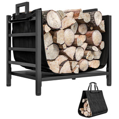 Outsunny Firewood Rack with Removable Log Carrier, Heavy Duty Log Rack with Handles, Indoor Outdoor Wood Storage Holder for Fireplace, 19.3" x 13.4" x 17.3", Black