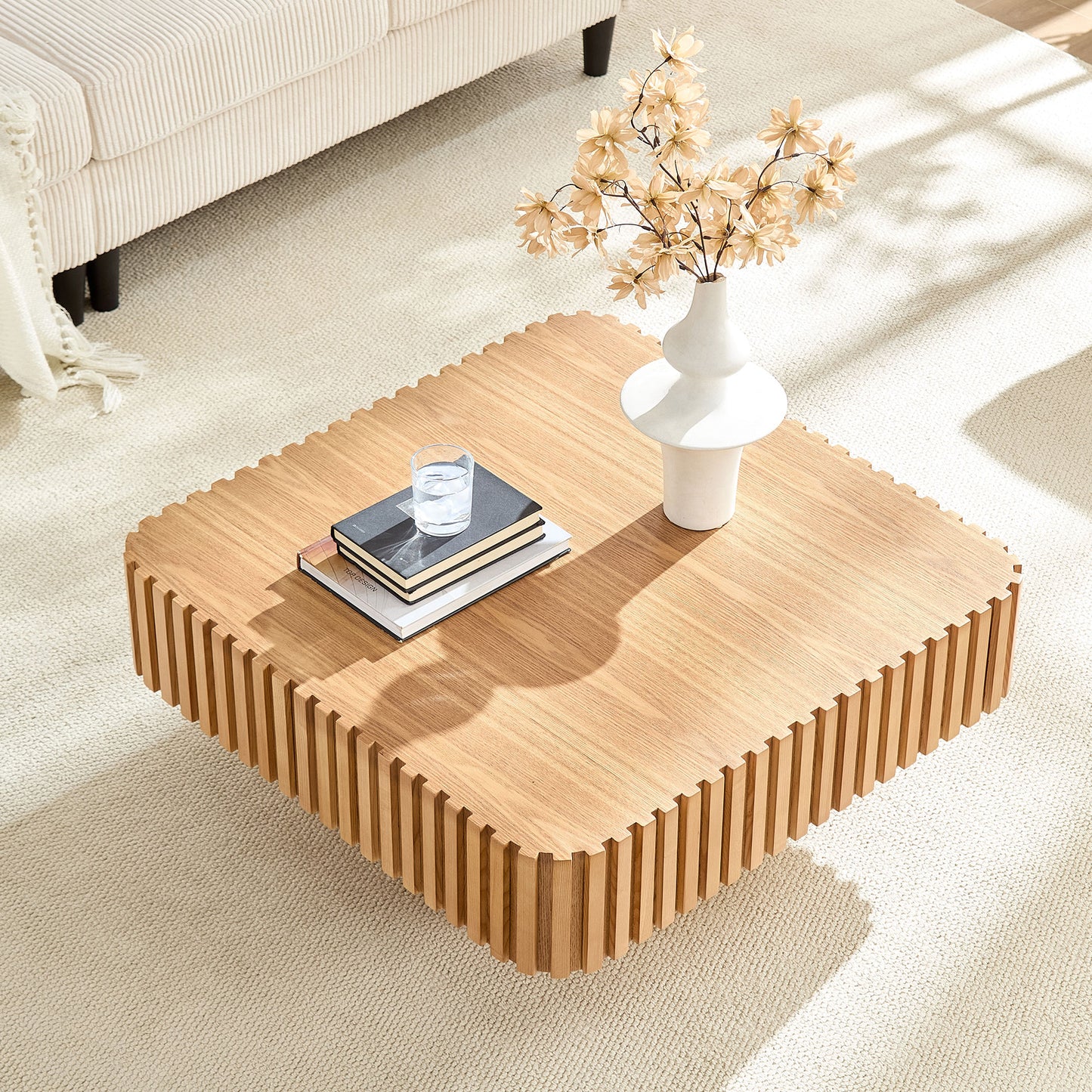Modern 35.43 Inch Handcraft Drum Coffee Table Square Coffee Table for Living Room,Small Wooden Coffee Table with Sturdy MDF Pedesta,Narual Color image 6