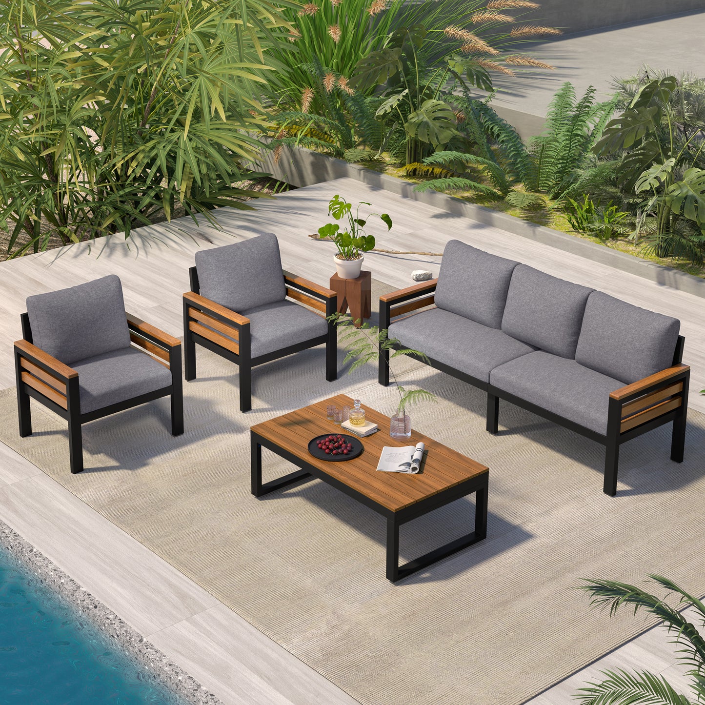 <Old SKU: N704G201246E> GO 4-Piece Outdoor Furniture Sofa Set for 5 People with Acacia Wood Armrests, Patio Conversation Set with Removable Cushion and Solid Wood Coffee Table for Garden, Grey image 1