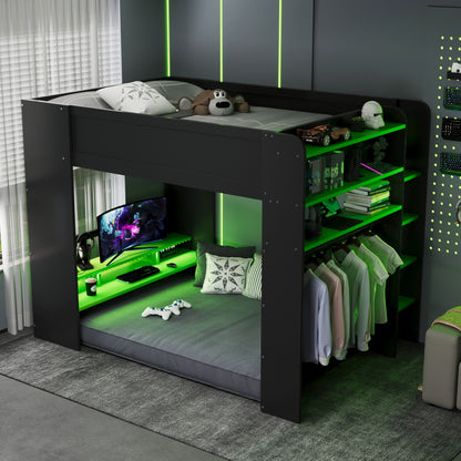 Full Size Wood Bunk Bed with height-adjustable Desk,Wardrobe,Ample Storage Space,and RGB Light, Green(OLD SKU:LT000266AAG) image 2