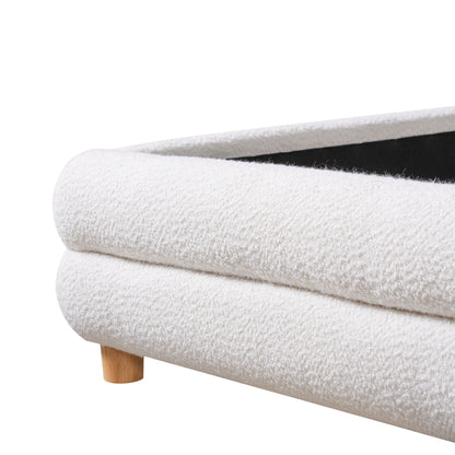 King Size Bed Frame With Boucle Upholstered Thick Curved Headboard, Solid Wood Legs, White image 12