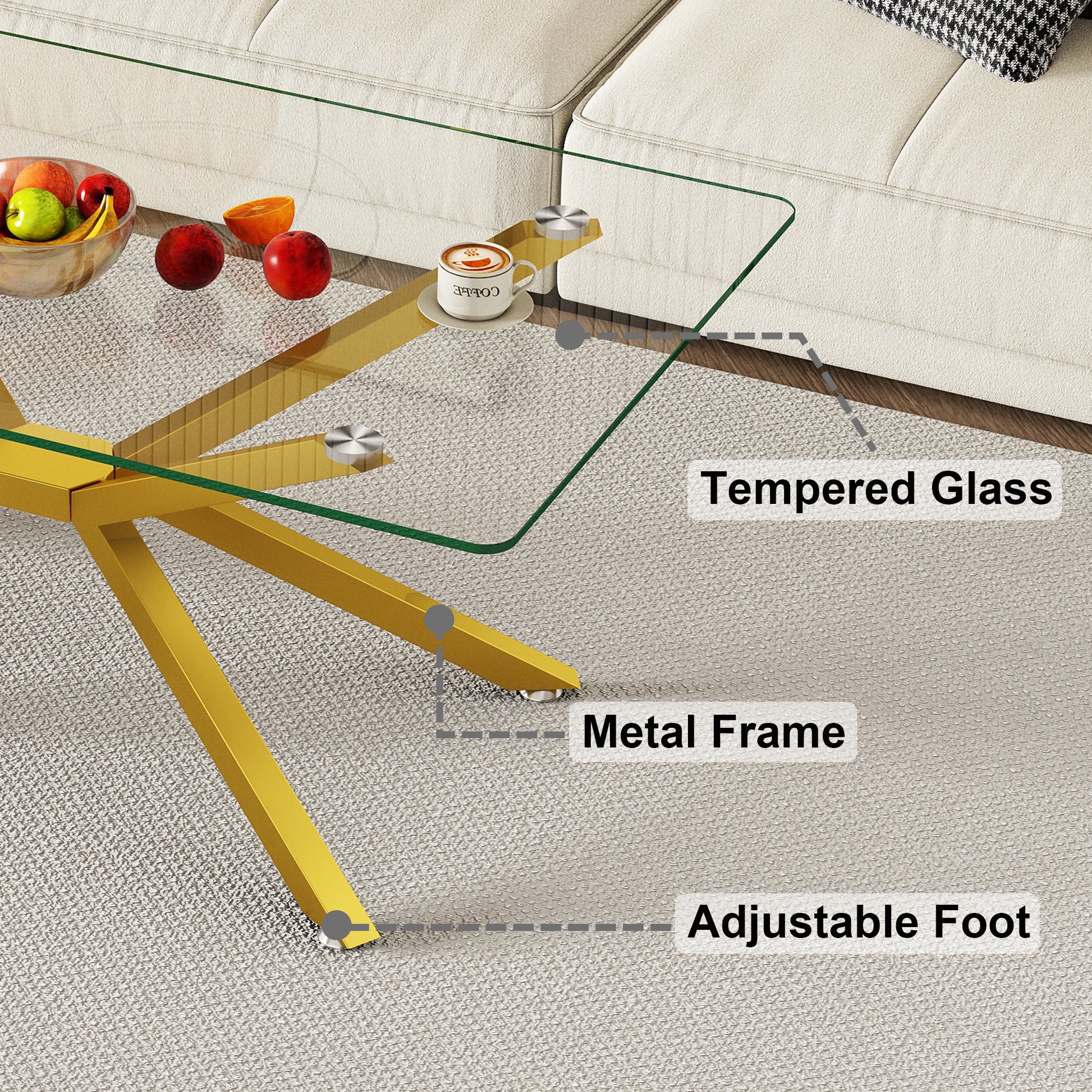 39.37" Rectangular Clear Tempered Glass Coffee Table,Stylish Design with Gold Metal Legs, Coffee Table for Living Room image 3