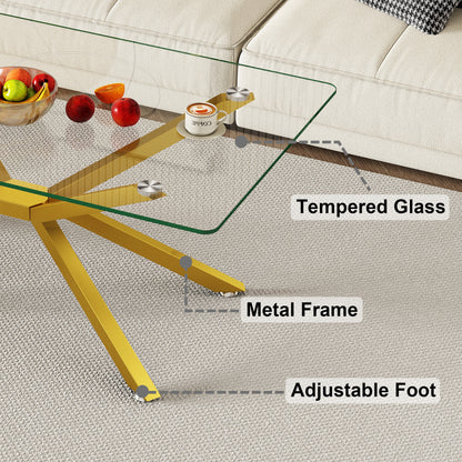 39.37" Rectangular Clear Tempered Glass Coffee Table,Stylish Design with Gold Metal Legs, Coffee Table for Living Room image 3