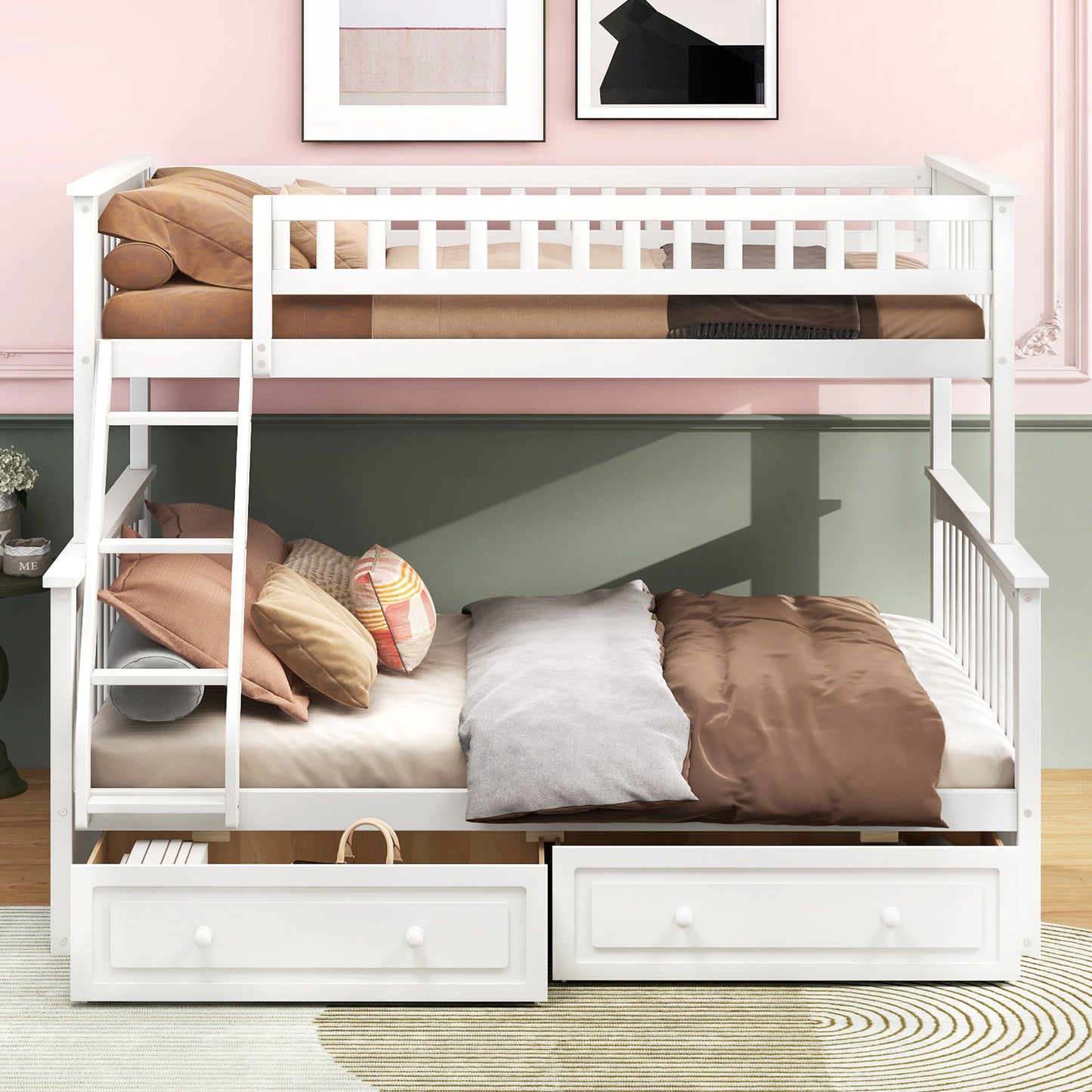 Twin over Full Bunk Bed with Drawers, Convertible Beds, White image 3
