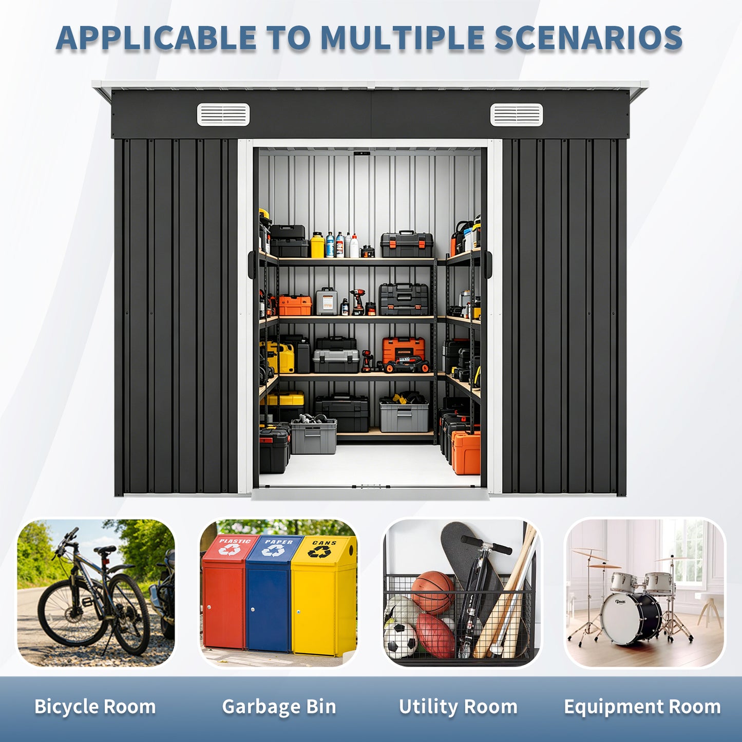 8x4ft Metal Shed, Sliding Door Galvanized Steel Shed with Lock Hole, Air Vents & Threshold, Outdoor Garden Tool Shed(7.84*4.04 FT) image 4