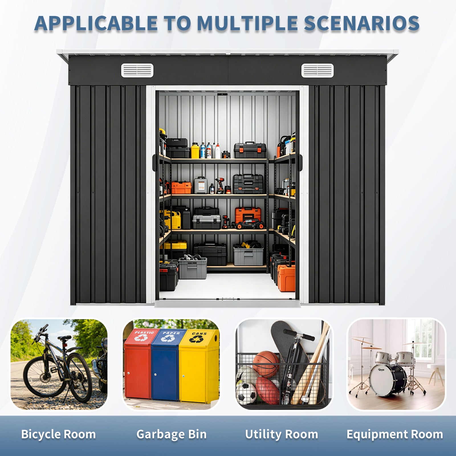 8x4ft Metal Shed, Sliding Door Galvanized Steel Shed with Lock Hole, Air Vents & Threshold, Outdoor Garden Tool Shed(7.84*4.04 FT) image 4