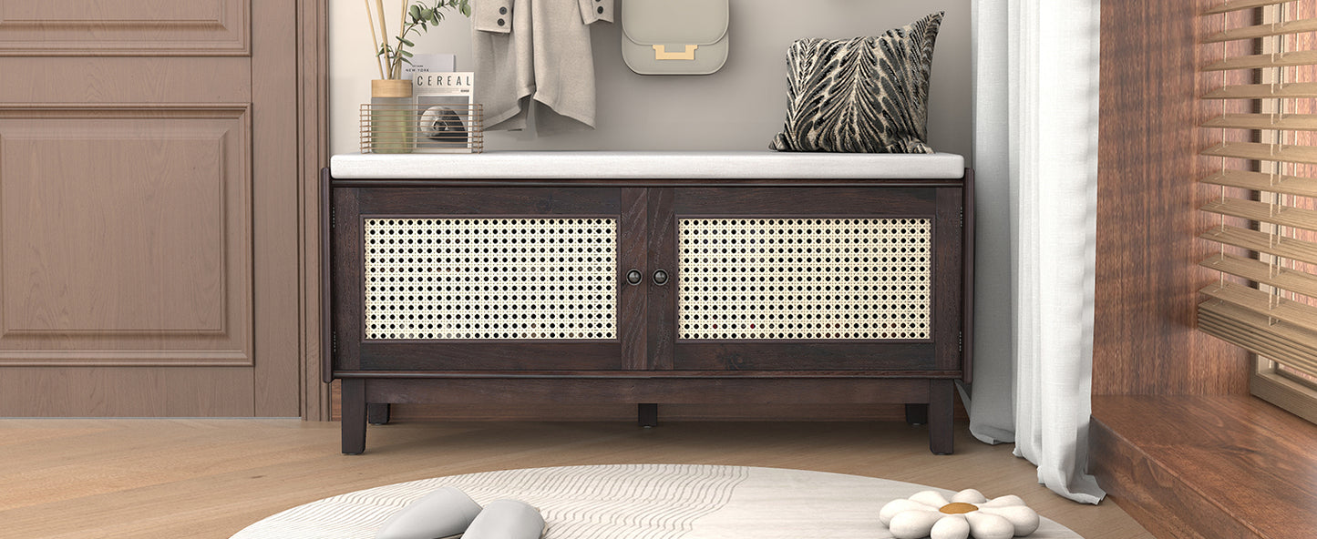 TREXM Boho Rattan Entryway Bench with Storage, Cushioned Shoe Bench with Double Doors, Wooden Shoe Organizer Bench for Entryway and Hallway (Espresso+Beige) image 5