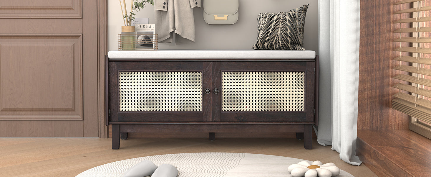 TREXM Boho Rattan Entryway Bench with Storage, Cushioned Shoe Bench with Double Doors, Wooden Shoe Organizer Bench for Entryway and Hallway (Espresso+Beige) image 5