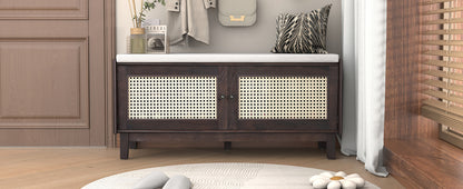 TREXM Boho Rattan Entryway Bench with Storage, Cushioned Shoe Bench with Double Doors, Wooden Shoe Organizer Bench for Entryway and Hallway (Espresso+Beige) image 5
