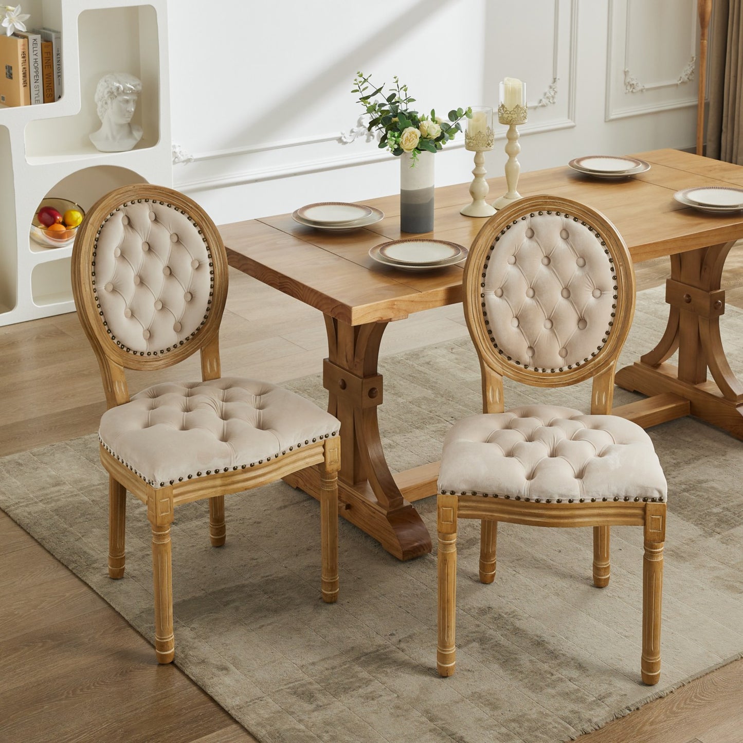 French Style Solid Wood Frame Antique Painting,Hand-pulled buckle decoration Velvet artificial leather Dining Chair with Nailhead Trim,Wood Legs,Steel Spring inner,Set of 2,Beige,SW1739BG image 1