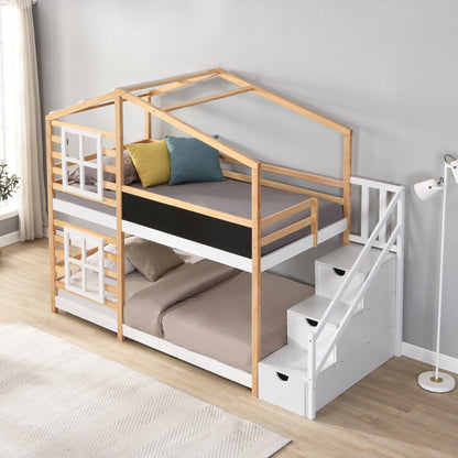 Twin over Twin Bunk Bed House Bed With Roof Windows Blackboard And Storage Ladder Platform Bed,bed Frame image 2