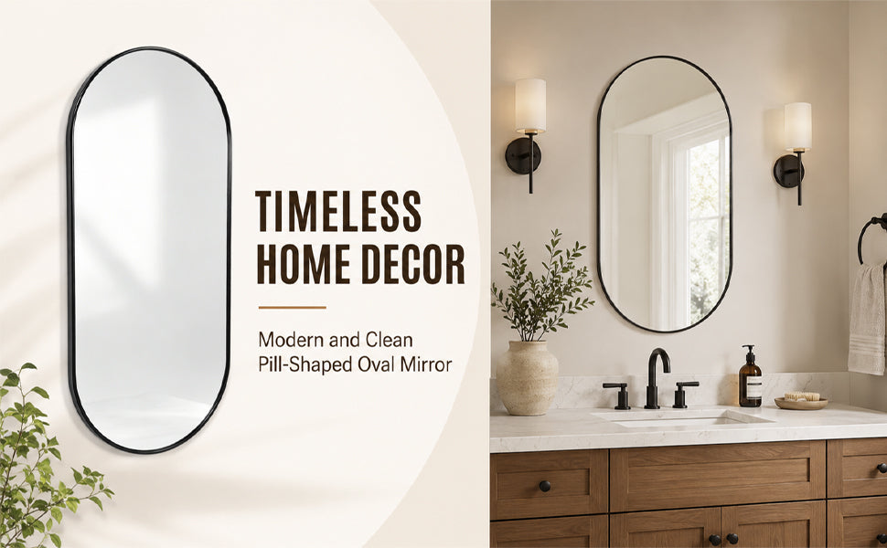 Black PVC frame oval mirror 18x40 inch angled view