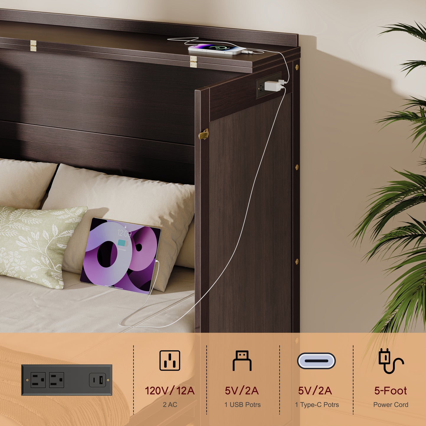 Multifunctional Murphy Bed Cabinet with USB Charging Station, Queen Size Vertical Foldaway Bed with Drawers, Space Saving Hidden Wall Bed with Safety Lock & Anti-Tip Device, Coffee. image 5