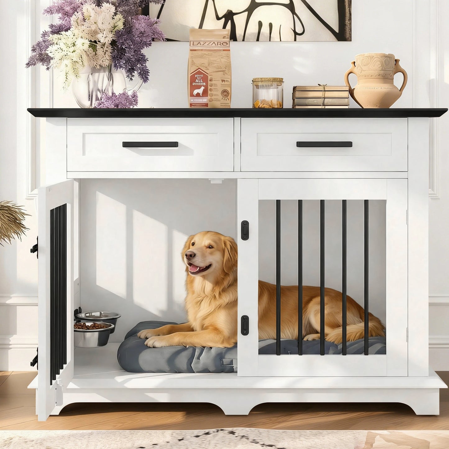 44.48" Large Dog Crate Furniture, Indoor Wooden Dog Kennel End Table with 2 Storage Drawers and Rotating Bowls, Decorative Pet Cage Dog House for Medium Dogs, White and Black image 2