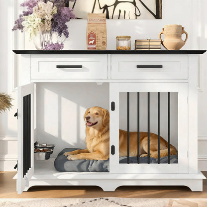44.48" Large Dog Crate Furniture, Indoor Wooden Dog Kennel End Table with 2 Storage Drawers and Rotating Bowls, Decorative Pet Cage Dog House for Medium Dogs, White and Black image 2