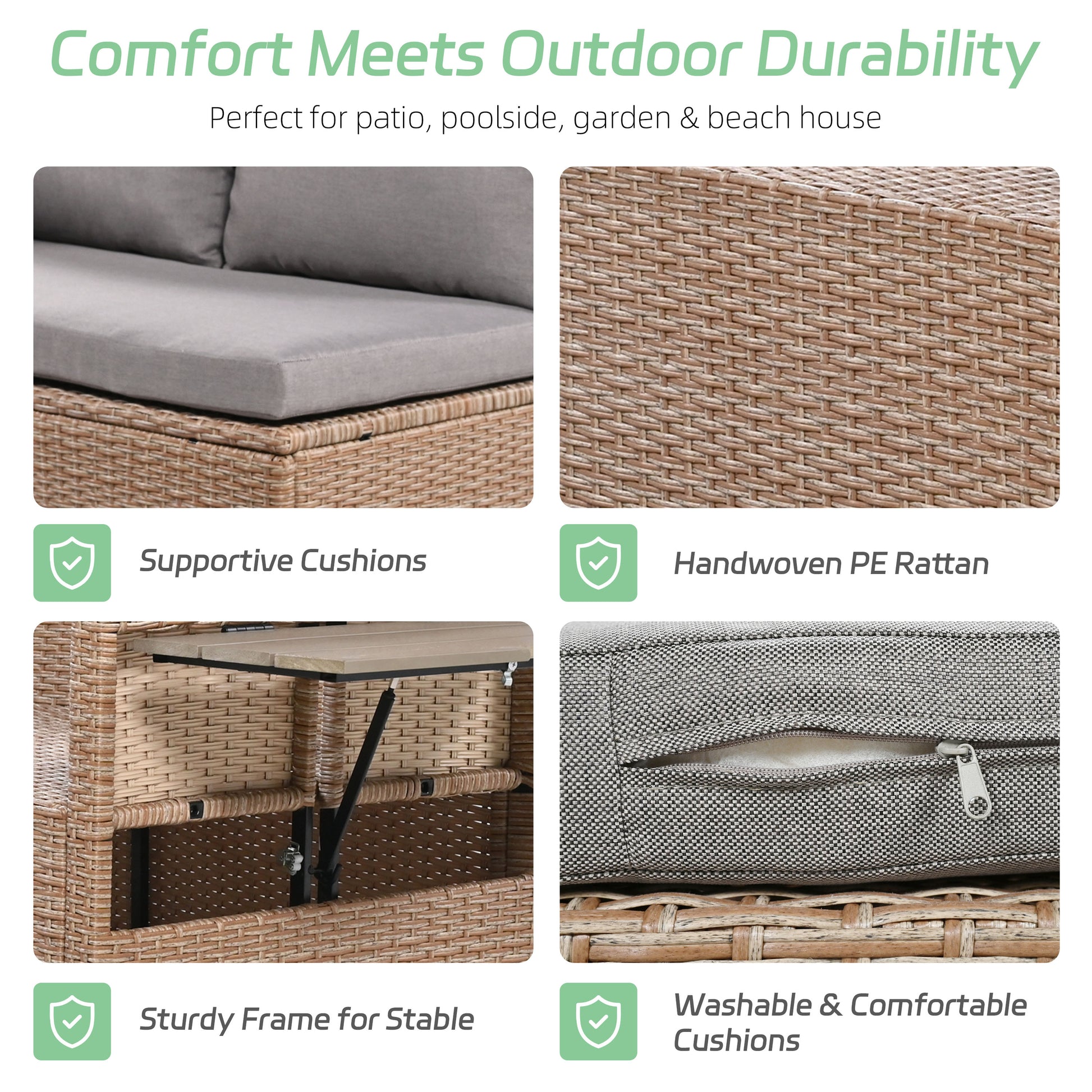 TOMAX 5-Piece Outdoor Patio Rattan Sofa Set, Sectional PE Wicker L-Shaped Garden Furniture Set with 2 Extendable Side Tables, Dining Table and Washable Covers for Backyard, Poolside, Indoor, Brown image 5