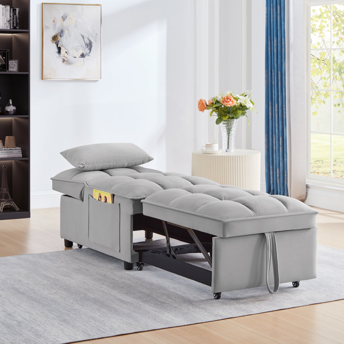 4 in1 Multi-Function Single Sofa Bed with Storage Pockets,Tufted Single Pull-out Sofa Bed with Adjustable Backrest and Pillows,Convertible Chaise Lounge,Gray image 3