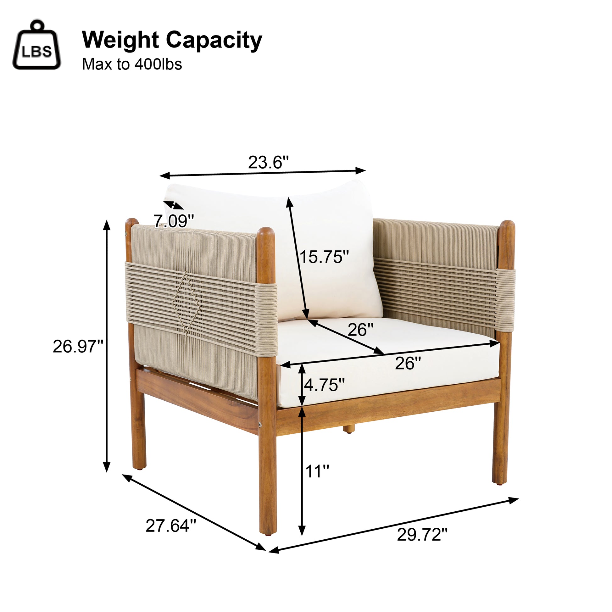 Outdoor Acacia Wood Club Chair with Diamond Rope Weave & Cushions, Teak Finish image 3