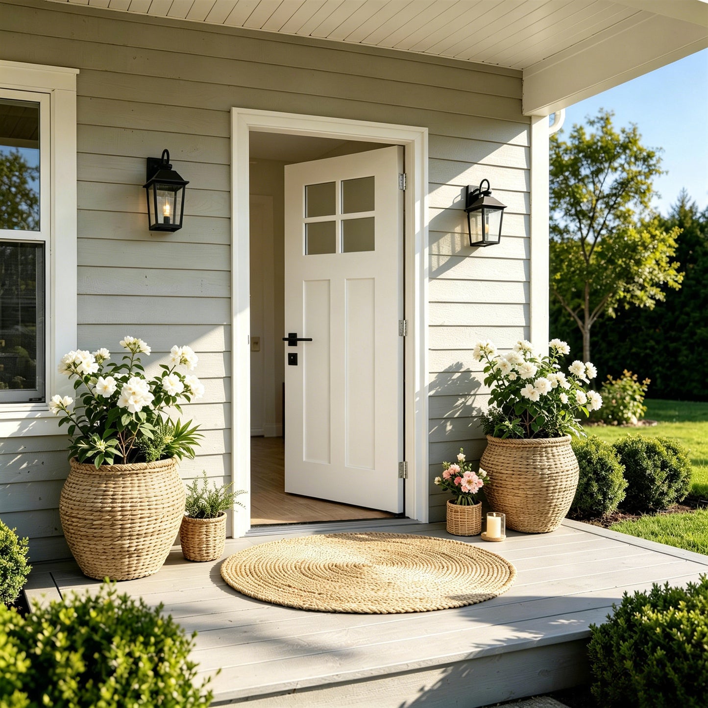 36"x80" Fiberglass Front Door with White 4-9/16" PVC Frame,Right-Hand Inswing Exterior Door with Brickmould,Contemporary minimalist smooth skin with clear glass for Home Entrance, White image 2