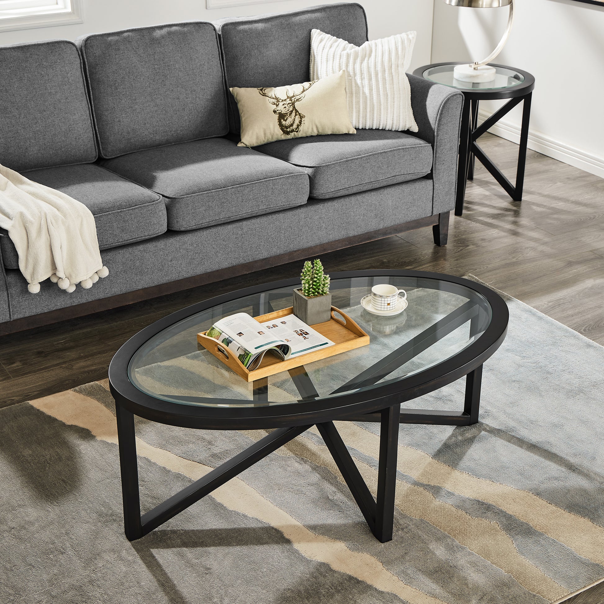 Modern simple glass coffee table, tempered glass coffee table solid wood base round transparent glass top modern living room terrace study coffee table image 3