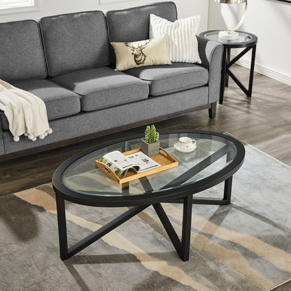 Modern simple glass coffee table, tempered glass coffee table solid wood base round transparent glass top modern living room terrace study coffee table image 3