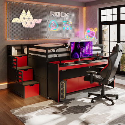 Full XL Loft Bed with Pull-Out Desk and Twin Trundle, Multi-Functional Bunk Bed with 2 Storage Drawers and Storage Steps, Space-Saving Gaming & Workstation Bedframe, Black+Red image 5
