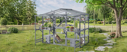 Large Outdoor Catio for 6-10 Cats, Pine Wood Cat Cage Outdoor with Weatherproof Roof, 6 Platforms, Climbing Ramp, 1 Resting Box and Cat Scratching Post, Outdoor Cat House with Storage Shelves, Grey image 10