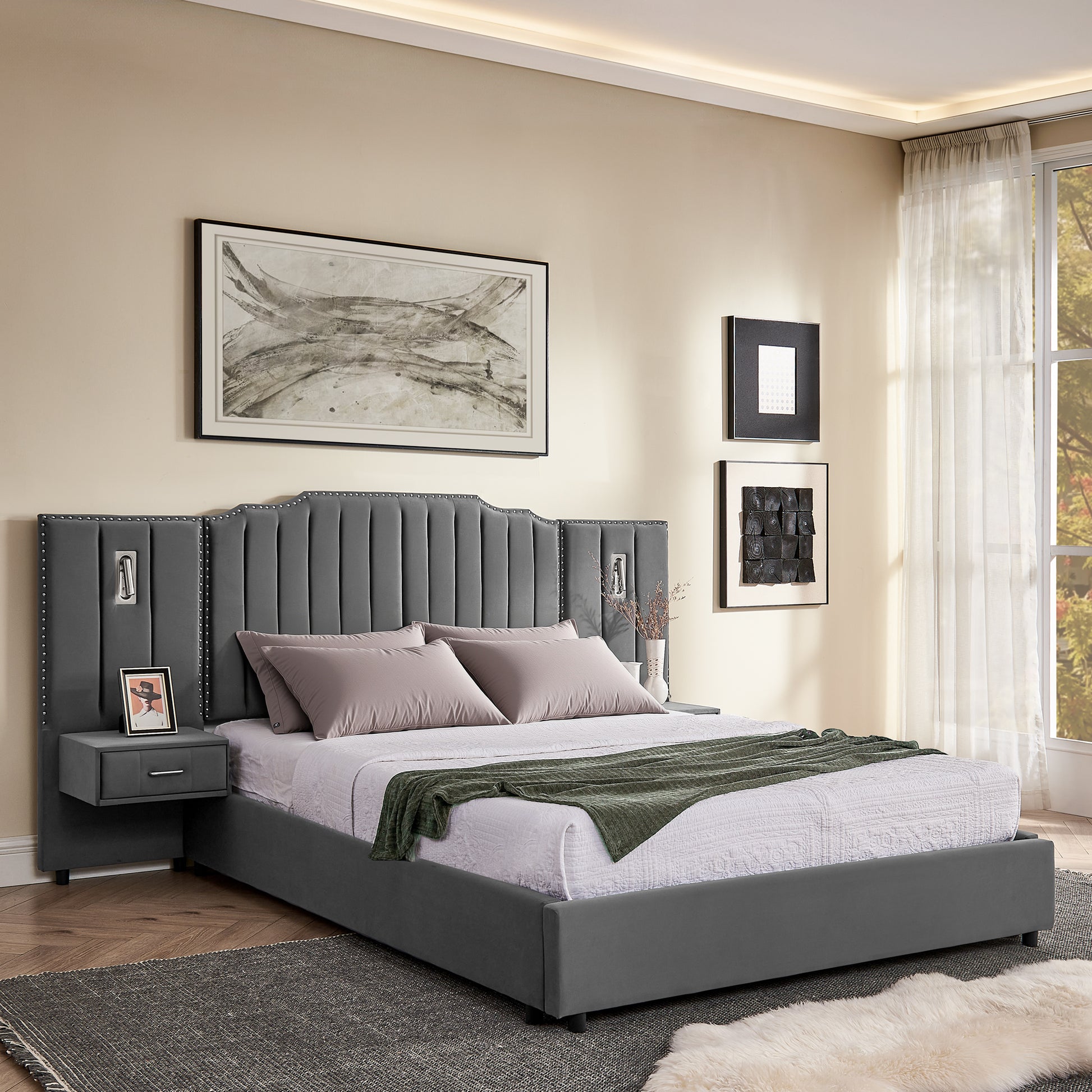 Queen Size Upholstered Bed Frame with Velvet Fabric, Vertical Stripe Design with Buttons Around Platform Bed with Headboard, Solid Frame & Bedside Table - No Box Spring Needed-Gray image 2