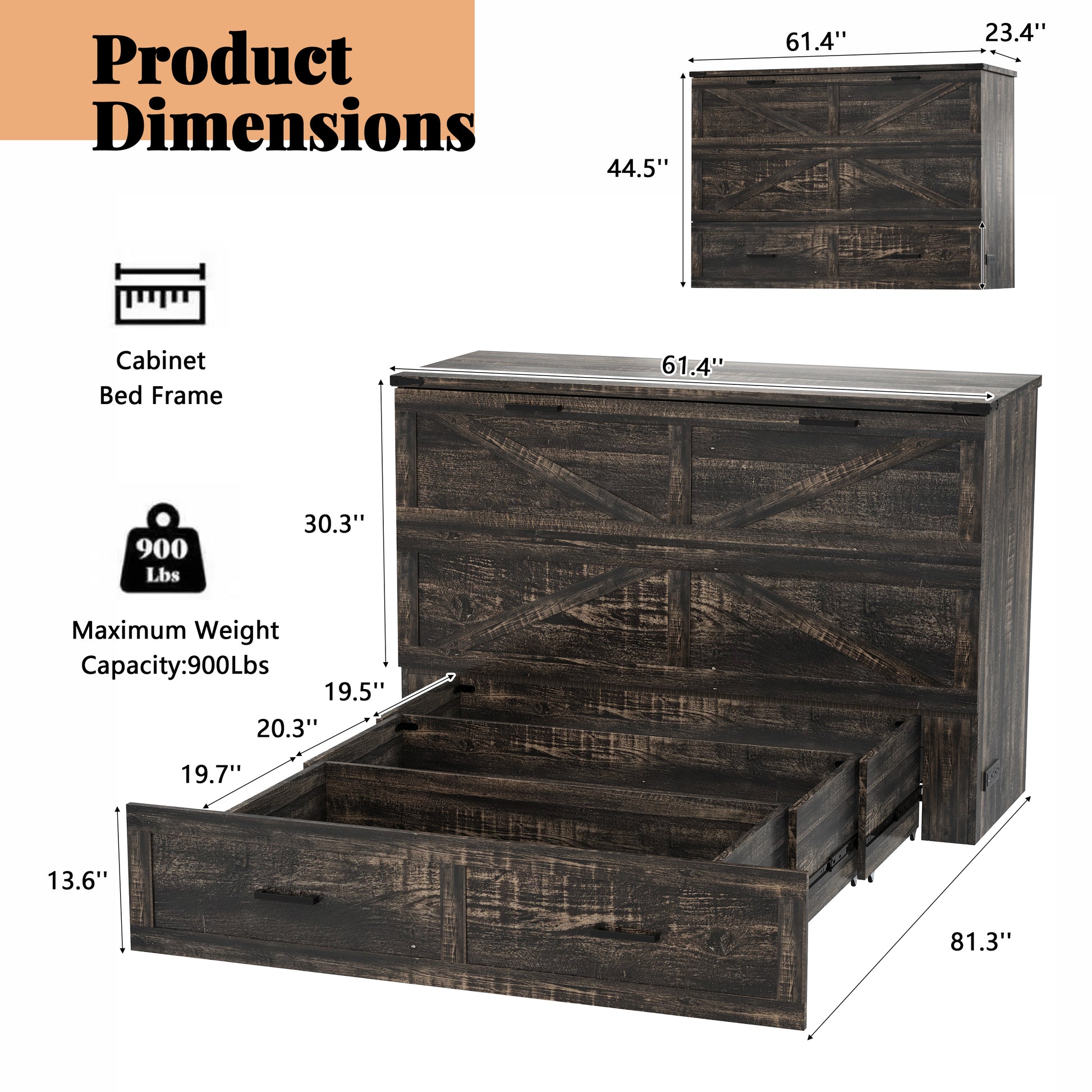 Queen Murphy Bed with Charging Station,Farmhouse Murphy Cabinet Bed with Large Storage Drawer,Hideaway Foldable Platform Bed for Guest Bedroom, Living Room, Office,Small Room,Pull out Bed,Rustic Grey image 11