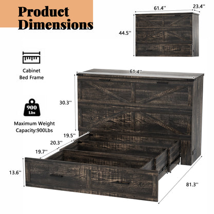Queen Murphy Bed with Charging Station,Farmhouse Murphy Cabinet Bed with Large Storage Drawer,Hideaway Foldable Platform Bed for Guest Bedroom, Living Room, Office,Small Room,Pull out Bed,Rustic Grey image 11