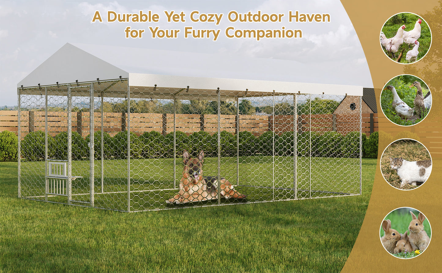 15x10 FT Large Outdoor Dog Kennel with Canopy, Heavy Duty Galvanized Steel Frame, Waterproof Cover, Built-in Elevated Feeding Bowls, Escape-Proof Lockable Pet Playpen for Large Dogs & Multiple Animal image 12