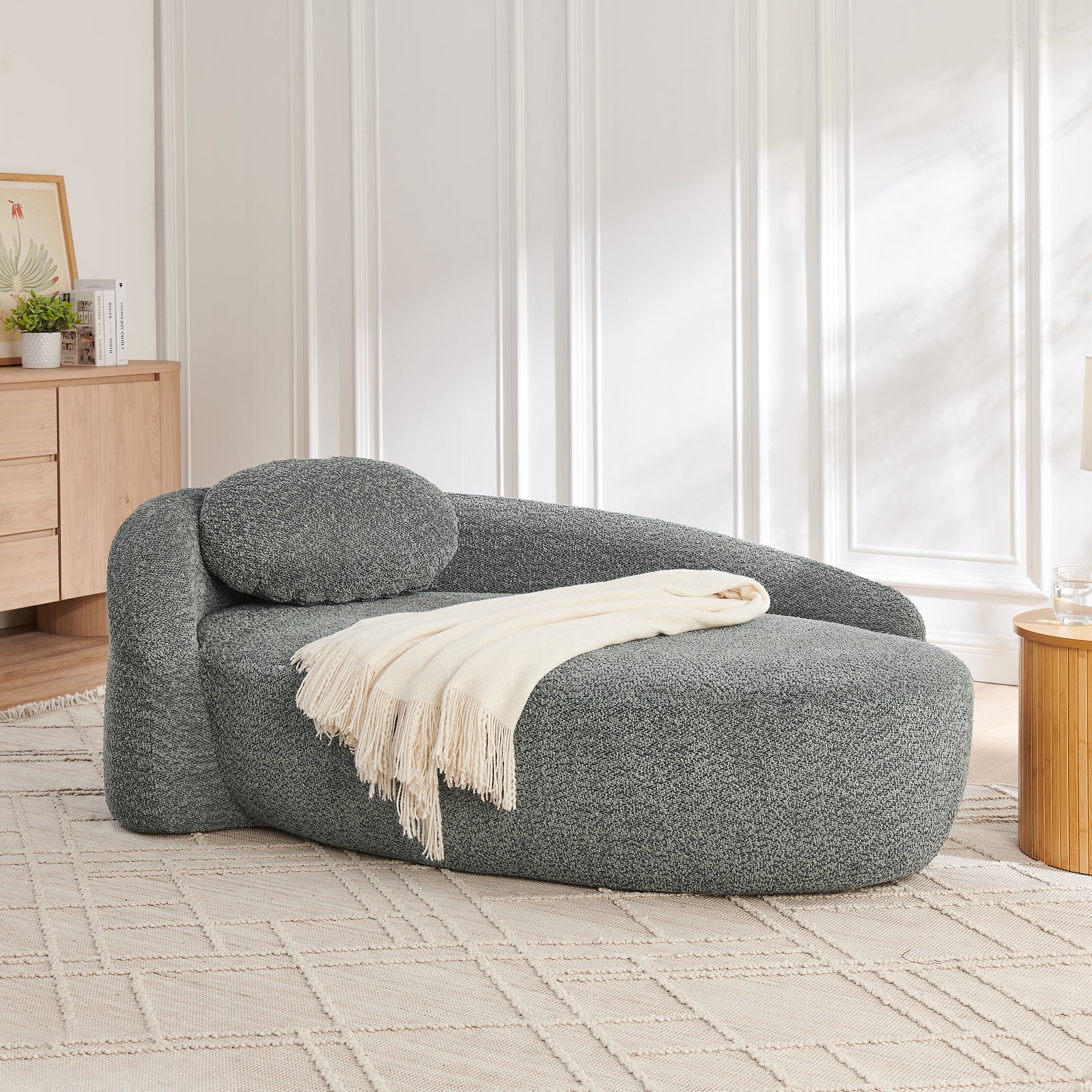 Modern Oval Single Lazy Sofa Chair with Integrated Backrest, Side Armrest and Pillow, Compact Space-Saving Lounge Chair for Living Room Bedroom-Dark Gray image 1