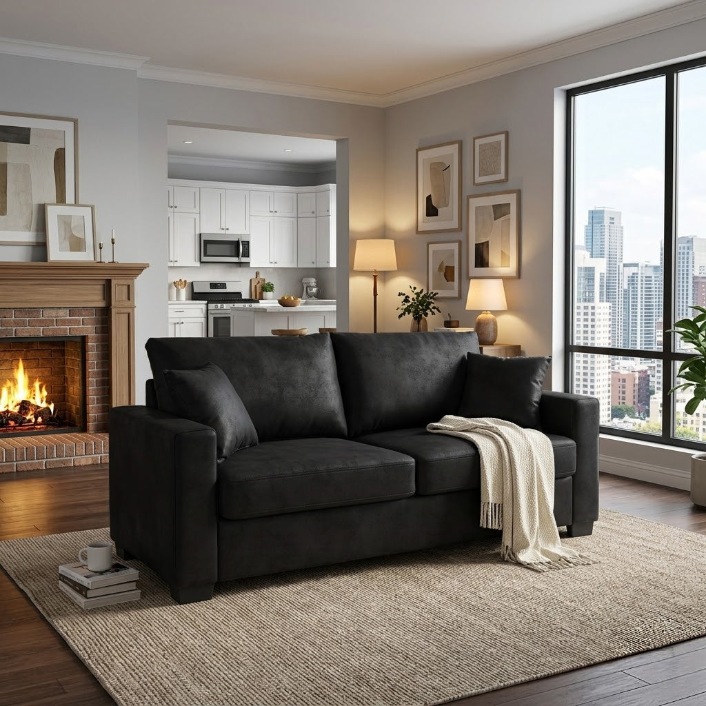 This 69-inch two-seater sofa features a Foil fabric and comes with two throw pillows, offering a comfortable seating experience suitable for any setting. image 1