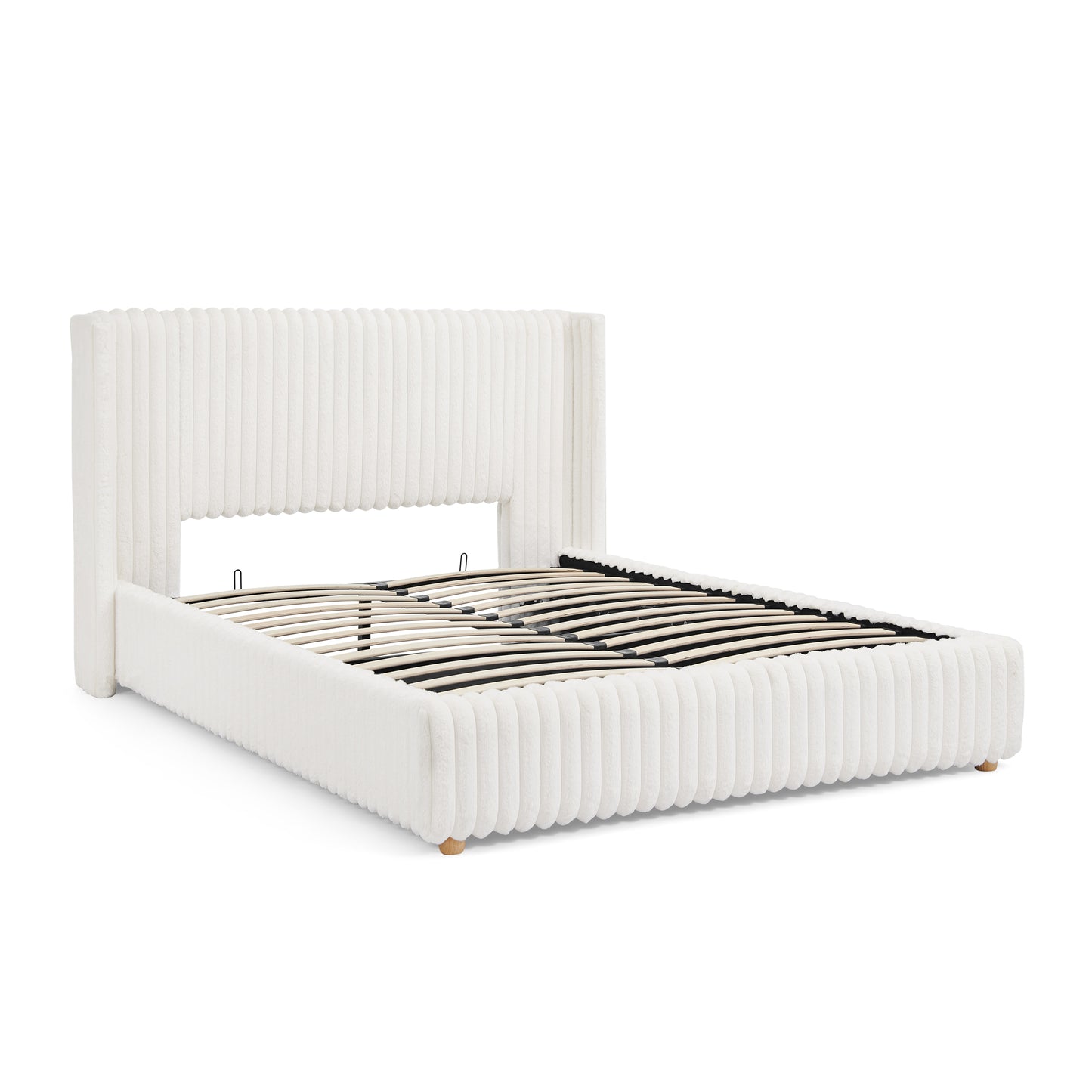 Queen Functional Vertical Striped Bed with Gas Lift Storage, Luxury Fluffy Rabbit Fur Fabric Up-holstered Double Bed image 10