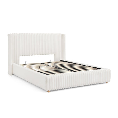 Queen Functional Vertical Striped Bed with Gas Lift Storage, Luxury Fluffy Rabbit Fur Fabric Up-holstered Double Bed image 10