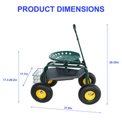 Garden trolley Rolling work chair with wheels, garden stool for planting, 360 degree swivel seat, station wagon scooter with steering handle and utility tray, for yard and outdoors, (green)