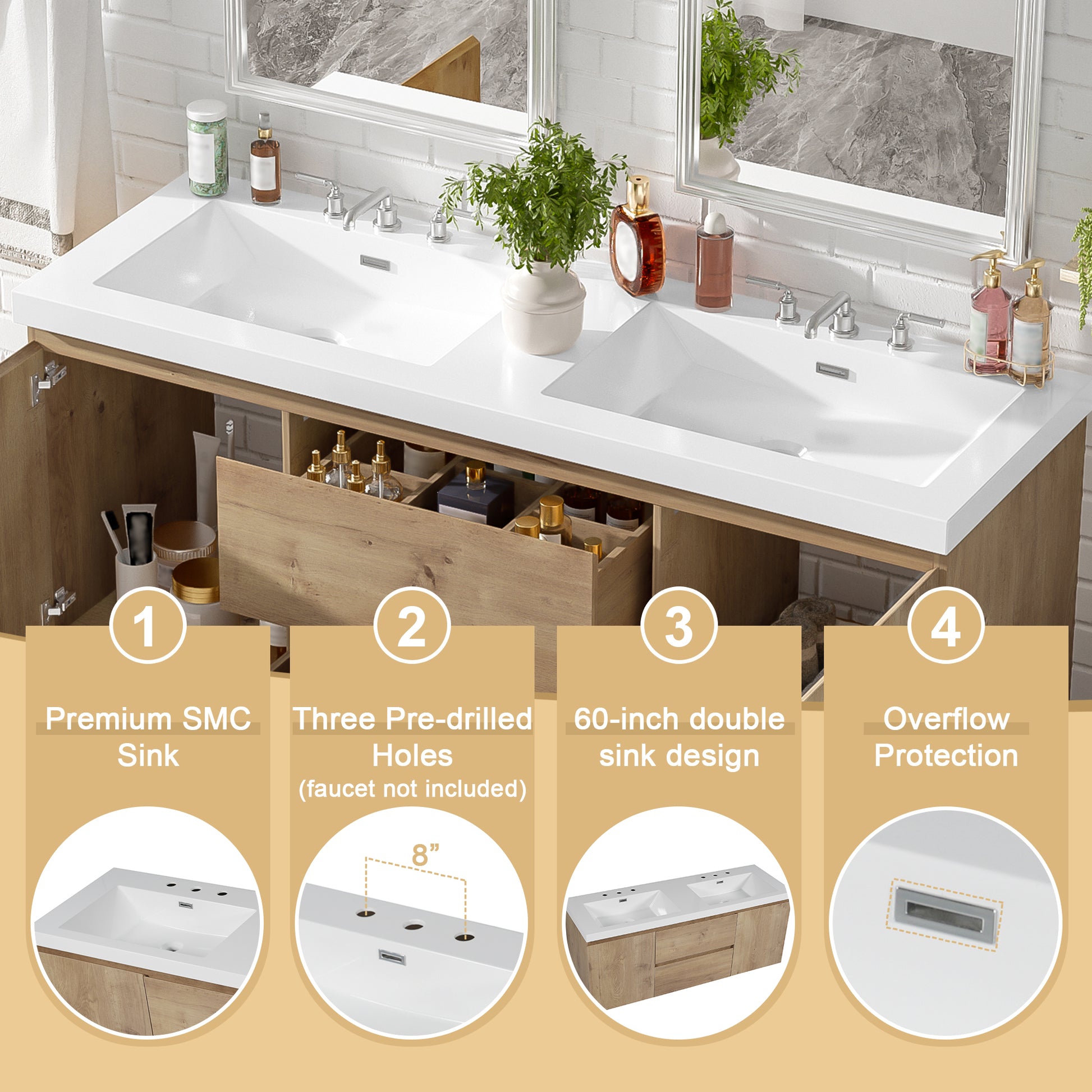 [Video]59.3 Inch Double Sink Bathroom Vanity with SMC Top, MDF Cabinet, Soft Close Doors, Divided Drawers, Wall-Mounted Modern Storage Vanity for Large Bathrooms image 6