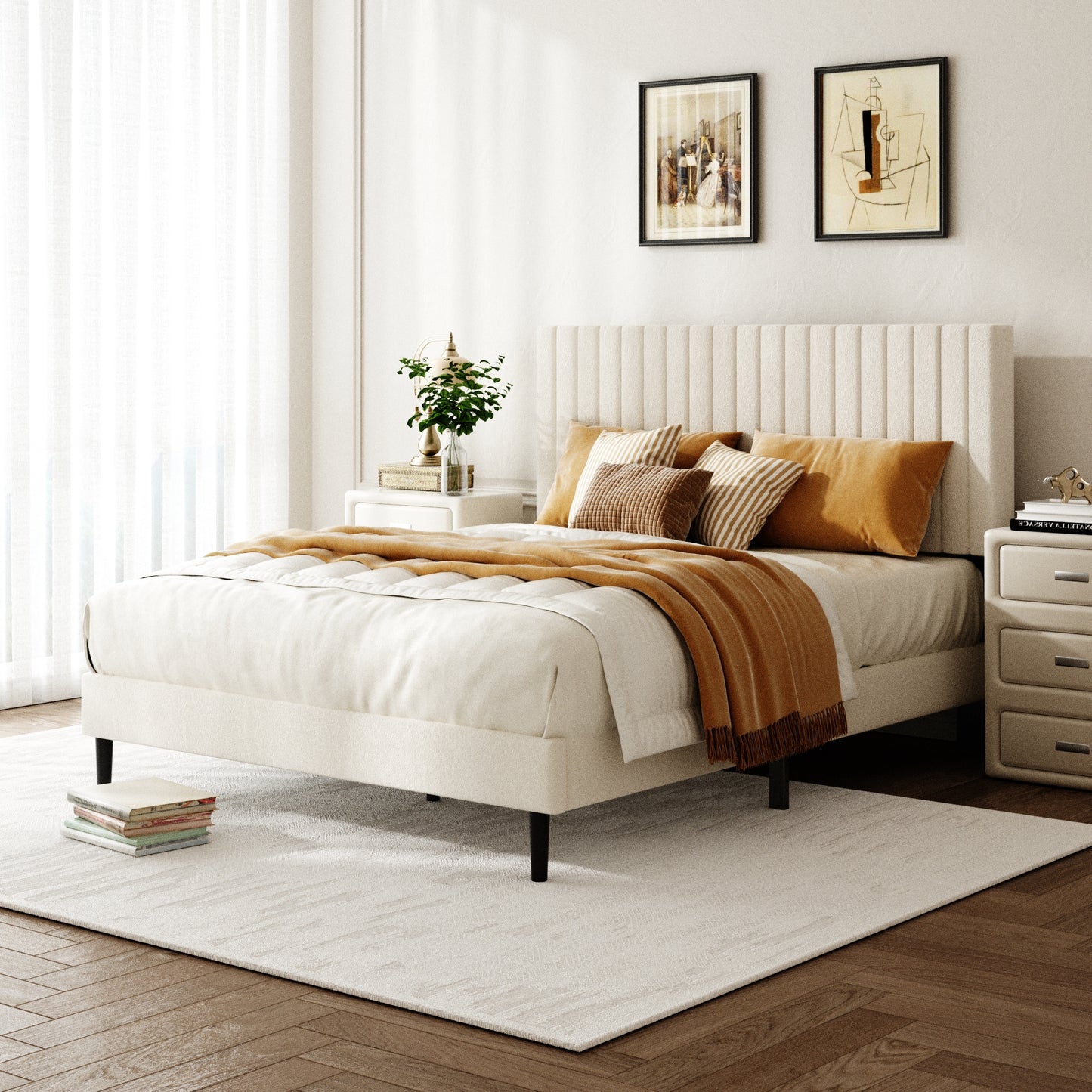 Queen Size Bed frame, Velvet Upholstered Platform Bed with Height-Adjustable Headboard, Sturdy Frame and Alats, Quiet Design, No-Spring Mattress Compatible, Easy to Assemble, Beige image 1