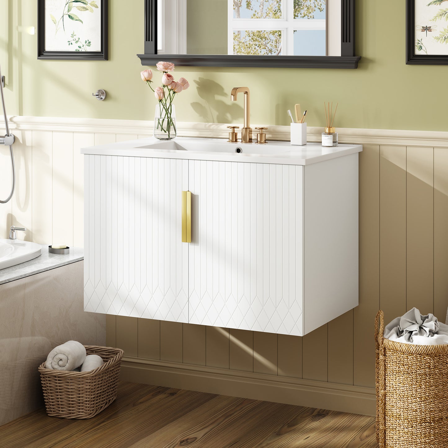 30" Vintage Bathroom Vanity with Ceramic Sink, with 3 Holes Single Ceramic Sink, Bathroom Storage Vanity Cabinet with 2 Soft Closing Doors image 4