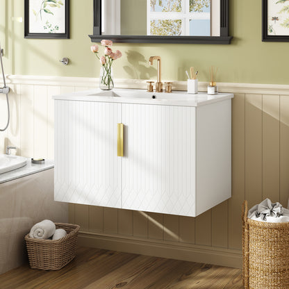 30" Vintage Bathroom Vanity with Ceramic Sink, with 3 Holes Single Ceramic Sink, Bathroom Storage Vanity Cabinet with 2 Soft Closing Doors image 4